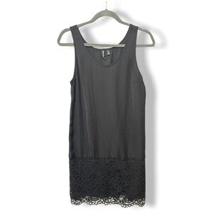 Valette Black Satin Lace Trim Scoop Neck Slip Dress